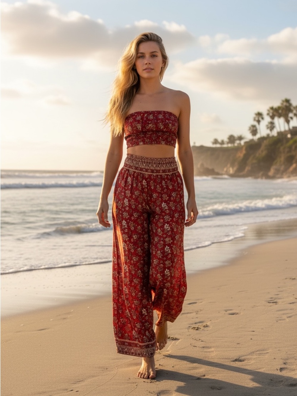 Bohemian Red Floral Wide-Leg Pants
